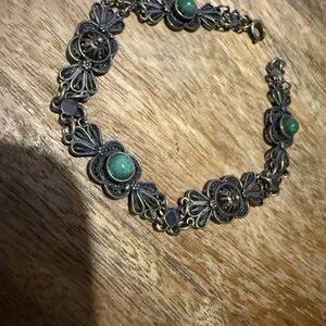 Vintage Sterling Silver & Blue Green Floral Bracelet,Filigree Links Labelled 925
